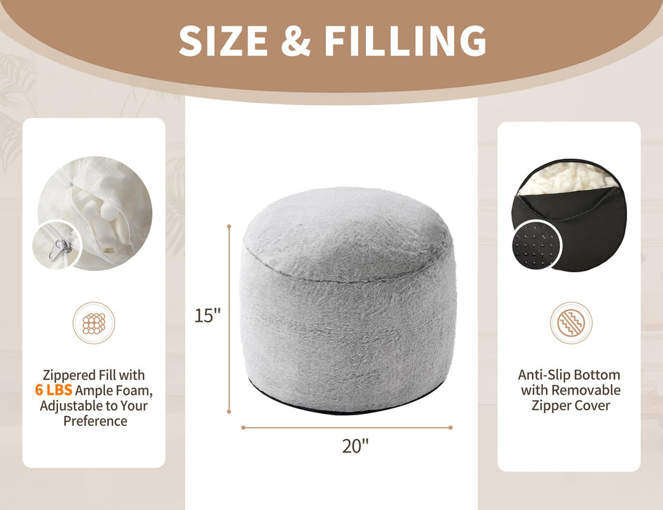 Round Ottoman Foot Rest for Couch 20"x15" Foot Stool Ottoman Pouf with Foam Chunk Filling Small Ottomans Foot Stools Poufs for Living Room Dark Grey Poof Hassocks and Ottomans Soft Foot Rest for Chair