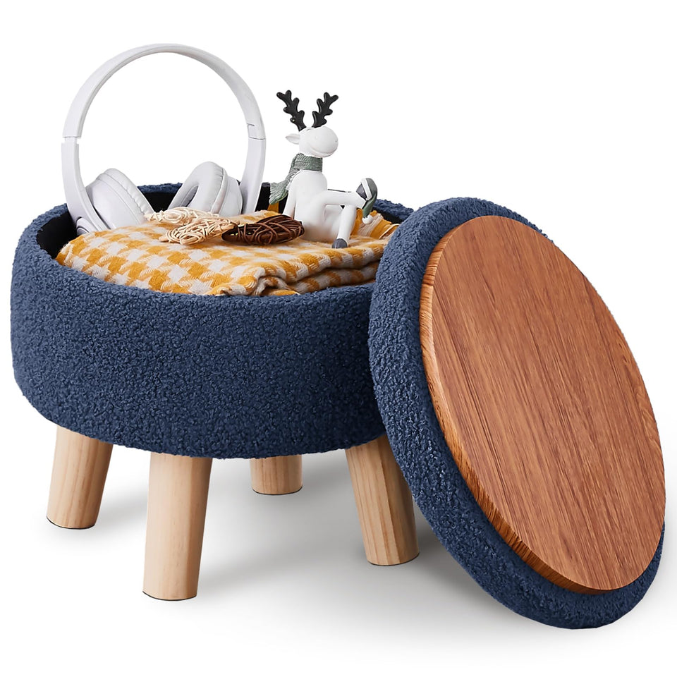 Wimarsbon Storage Ottoman, Modern Round Footrest with Soft Padded Seat, Teddy Velvet Footstool with Wood Legs, Accent Small Table or Plant Stand for Hallway, Living Room (Cream)