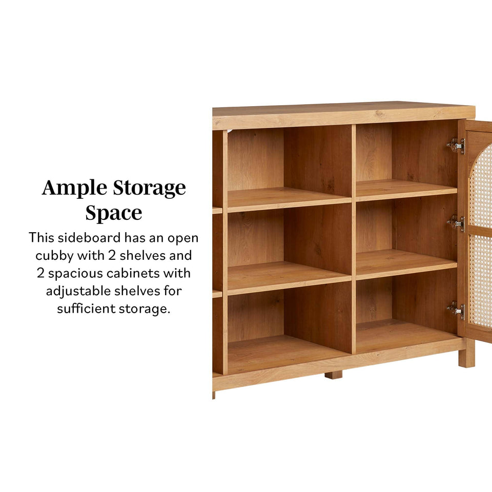 Walker Edison Sasha 4-Door Reeded Sideboard Buffet with Cord Management, 70 Inch, Coastal Oak