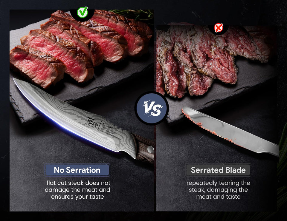 SYOKAMI Steak Knives Set of 8, 4.8 Inch High-Carbon Japanese Stainless Steel Non-serrated Steak Knife with Wood Handle, Damascus Pattern Full Tang Design, Razor-Sharp Dinner Knives with Gift Box