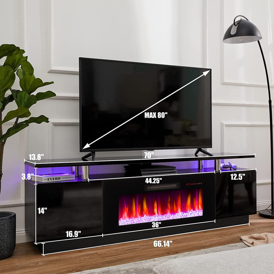 AMERLIFE Fireplace TV Stand with 36" Fireplace, 70" Modern High Gloss Fireplace Entertainment Center LED Lights, 2 Tier TV Console Cabinet for TVs Up to 80", Obsidian Black