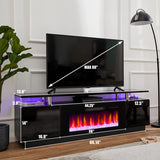 AMERLIFE Fireplace TV Stand with 36" Fireplace, 70" Modern High Gloss Fireplace Entertainment Center LED Lights, 2 Tier TV Console Cabinet for TVs Up to 80", Obsidian Black