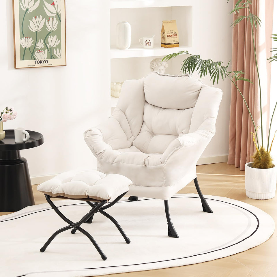 Welnow Lazy Chair with Ottoman, Modern Lounge Accent Chair with Armrests and a Side Pocket, Leisure Sofa Armchair, Reading Armchair with Footrest for Small Space, Dark Grey