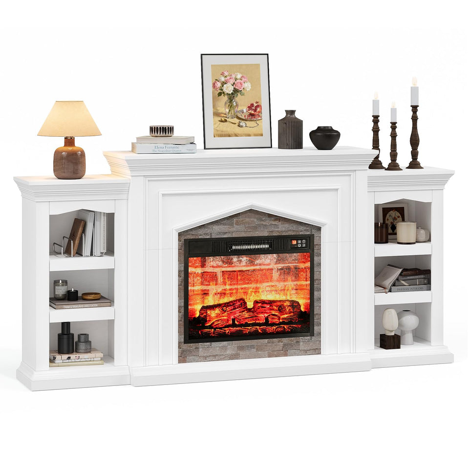 LGHM 72" Electric Fireplace with Mantel, Fireplace TV Stand for TVs Up to 80 Inch, Modern Entertainment Center with Storage, Realistic Stacked Stone Surround with Remote Control for Living Room