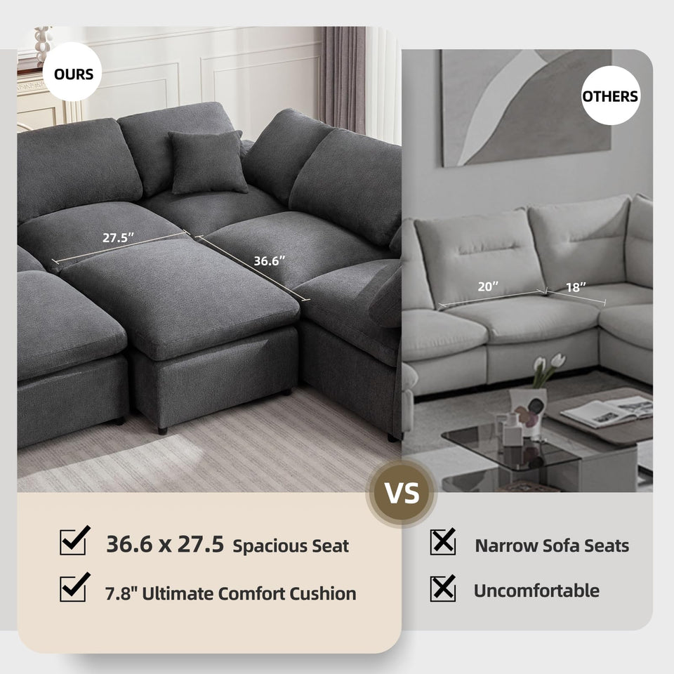 Siiejia Modular Sectional Sofa Modern Oversized Cloud Couch with Movable Ottoman 7 Seater L-Shaped Sofas Comfy Couches for Living Room Spacious Space Office Lounge, Beige