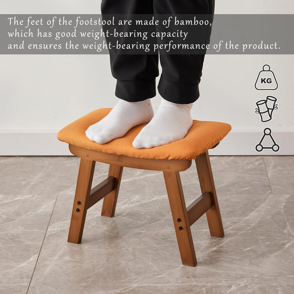 Foot Stool,Ottoman,Bamboo Small Sofa Foot Rest Under Desk,Extra Seating for Living Room, Bedroom and Kitchen(Brown Stool Legs - Beige Surface)