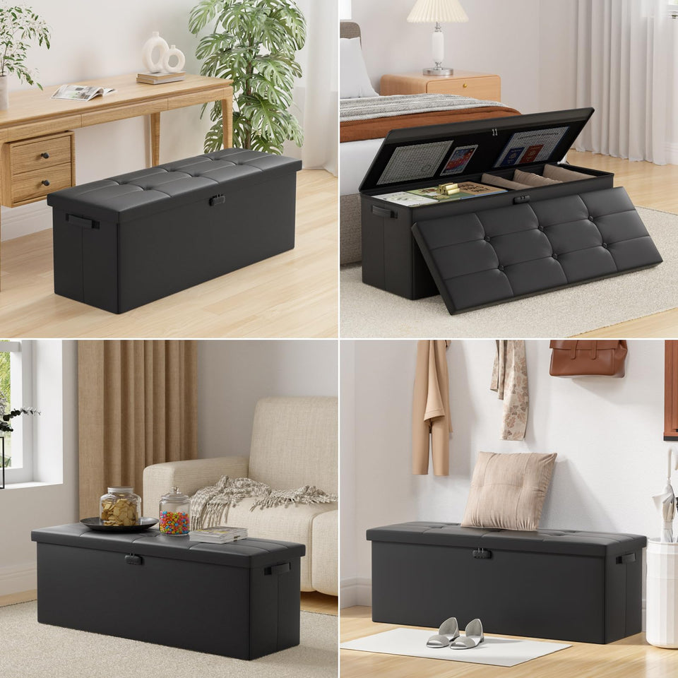 DocSafe Storage Ottoman with Lock,Fireproof Folding Ottoman Foot Rest Stool Storage Chest with Storage Safe for Important Documents,Waterproof 17 Inches Short Ottoman Foot Stool with Handles,Black