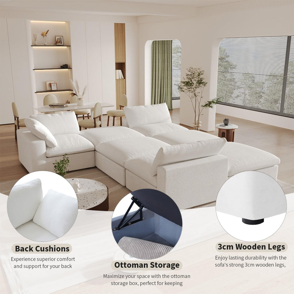 160.6" Cloud Couch Modular Sectional Sofa for Livingroom,Oversized Convertible Sofa with Storage Ottomans,6 Seat Wide Couches,Cushion Covers Removable (Khaki, 6 Seater)