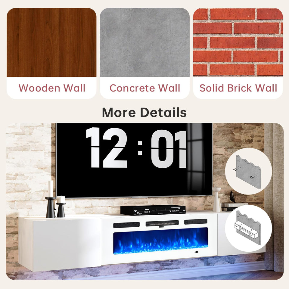 oneinmil 70" Floating TV Stand with 36" Electric Fireplace, Wall Mounted Fireplace Entertainment Center with Storage, Fire Place TV Console for Living Room, All Black