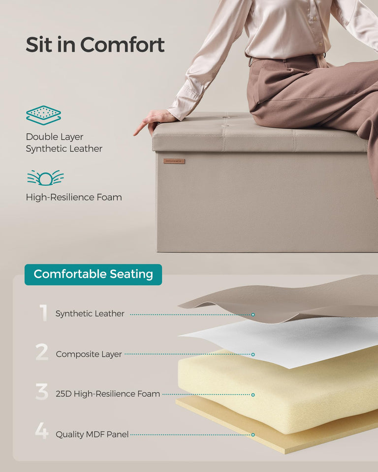 SONGMICS MAZIE Collection - 43 Inches Folding Storage Ottoman Bench, Ottoman with Storage, Foot Rest Stool, Load 660 lb, for Living Room, Synthetic Leather, Black ULSF701