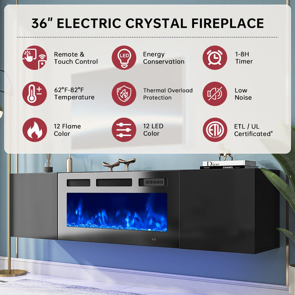 oneinmil 70" Floating TV Stand with 36" Electric Fireplace, Wall Mounted Fireplace Entertainment Center with Storage, Fire Place TV Console for Living Room, All Black