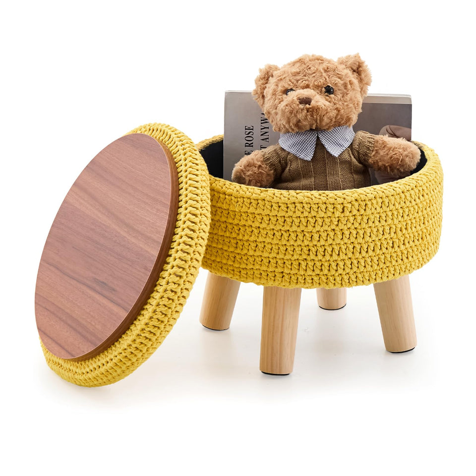 Wimarsbon Pouf Ottoman, 100% Cotton Knitted Boho Footstool, Round Footrest with Non-Skid Wood Legs, Home Décor Handmade Pouffe, Leisure Floor Step Stool for Living Room (Beige)