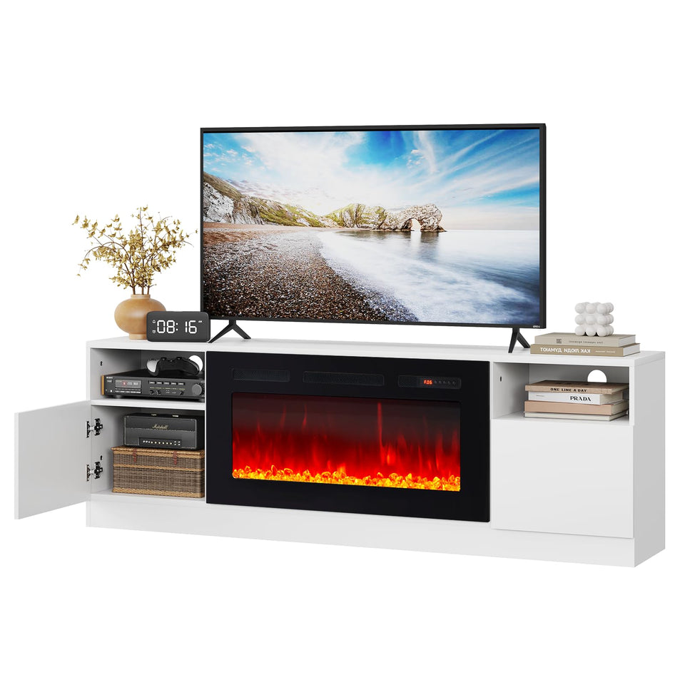 OneBlis 80" Fireplace TV Stand, LED Light Entertainment Center for TVs Up to 90", High-Gloss Door, Modern TV Console for Living Room with Storage Cabinet, Black+Black