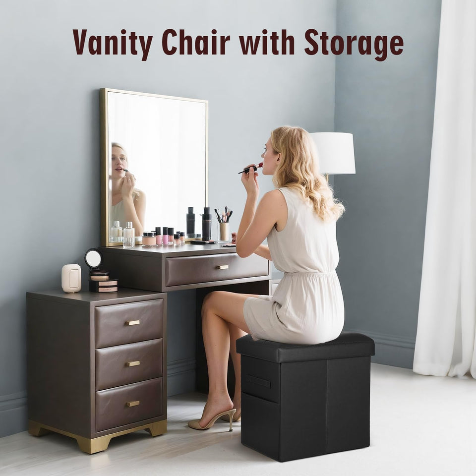 Storage Ottoman Foot Rest Stool, Foldable Leather Footstool Storage Bench with Thicker Foam Padded Seat. Foot Rest Under Desk for Living Room Bedroom 350 lbs, 17x13x13 in, Brown