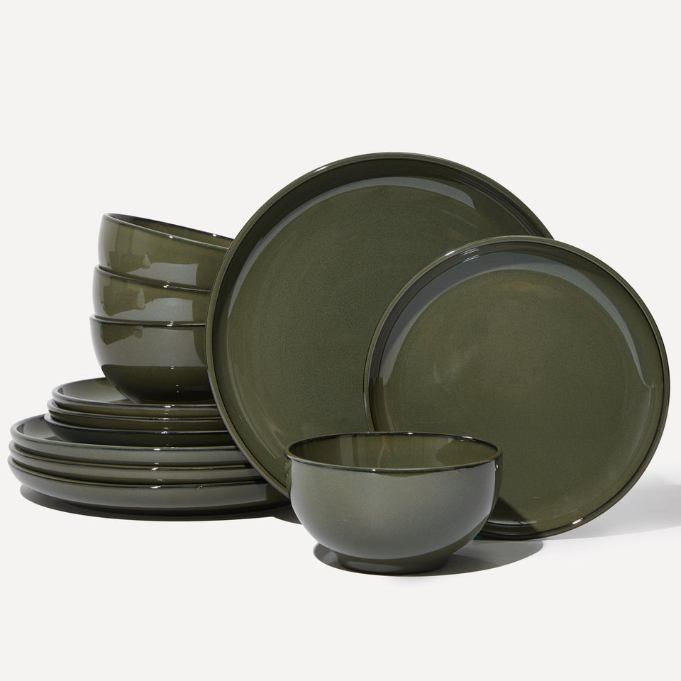 Pokini 24 Piece Dinnerware Sets for 8, Modern Stoneware Plates and Bowls Setst, Perfect for Family Gatherings & Holiday Celebrations, Easy Cleaning Dishes Set, Stack Compactly Dishware, Brown Green