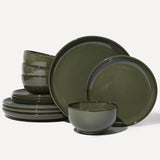 Pokini 24 Piece Dinnerware Sets for 8, Modern Stoneware Plates and Bowls Setst, Perfect for Family Gatherings & Holiday Celebrations, Easy Cleaning Dishes Set, Stack Compactly Dishware, Brown Green
