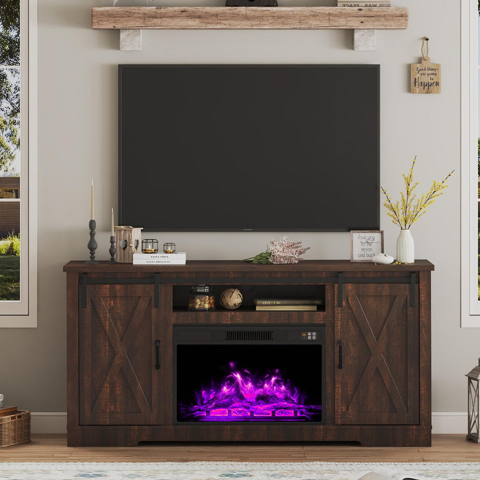 AMERLIFE Fireplace TV Stand with Sliding Barn Door for TVs up to 73", Farmhouse 63" Fireplace Entertainment Center with Storage Cabinets/Adjustable Shelves, Distressed White & Barnwood