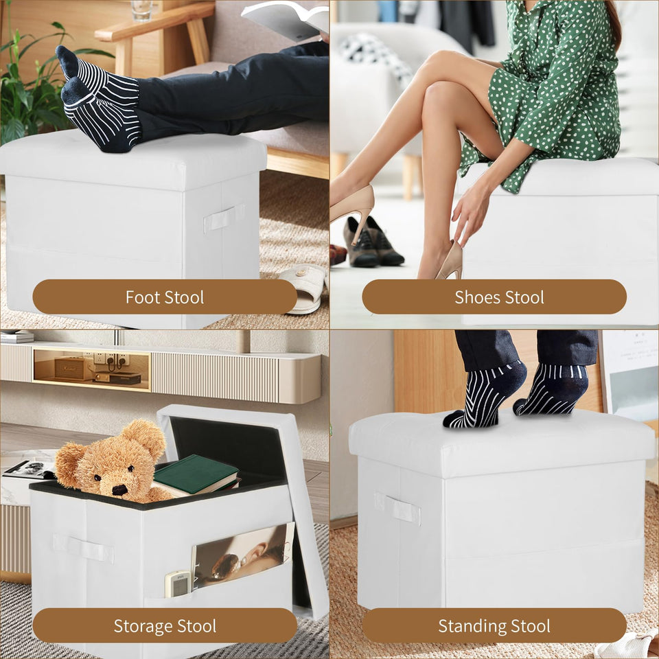 Storage Ottoman Foot Rest Stool, Foldable Leather Footstool Storage Bench with Thicker Foam Padded Seat. Foot Rest Under Desk for Living Room Bedroom 350 lbs, 17x13x13 in, Brown