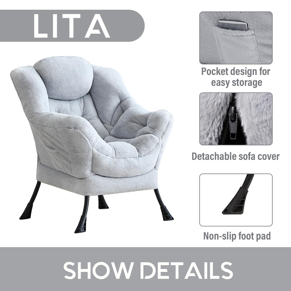 LITA Lazy Chair with Ottoman, Modern Accent Leisure Upholstered Lazy Sofa Armchair, Contemporary Lounge Reading Chair with Armrests and a Side Pocket for Living Room, Bedroom & Small Space, Dark Grey