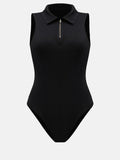 Quarter Zip Collared Neck Sleeveless Bodysuit