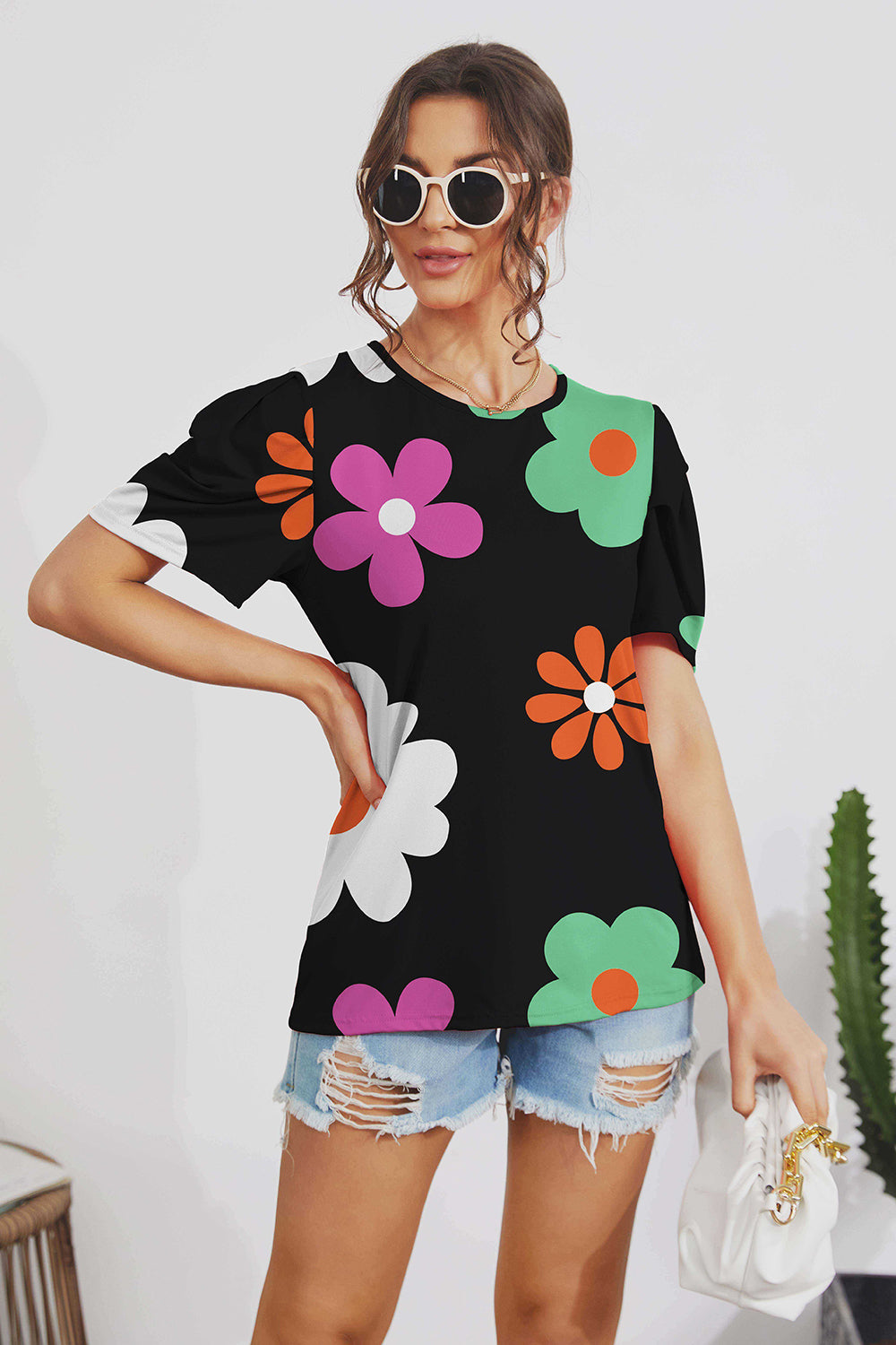 FAM-FAM Flower Round Neck Short Sleeve Blouse