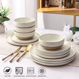 AmorArc Ceramic Dinnerware Sets for 8, 24 Pieces Handpainted Plates and Bowls Set with Rustic Terracotta Underside, Scratch Resistant Stoneware Dishes Set, Dishwasher & Microwave Safe, Light Beige