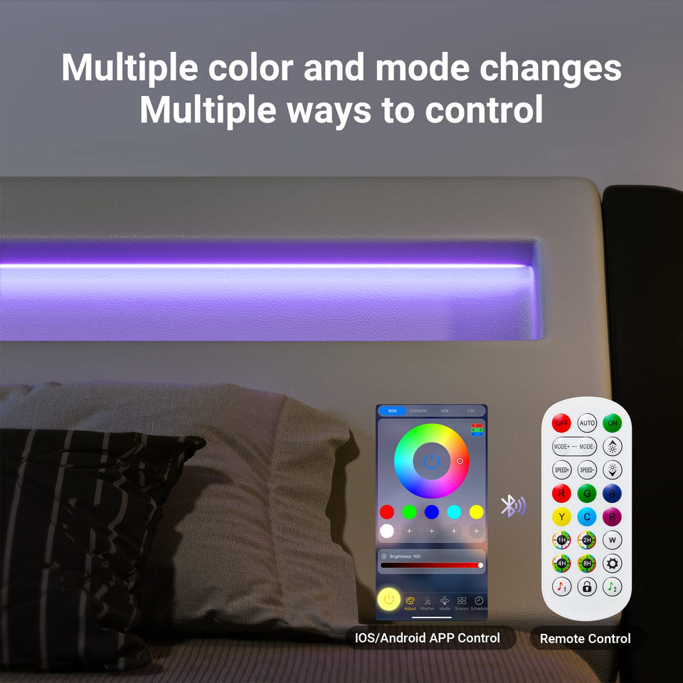 Allewie Queen Size LED Platform Bed Frame with Adjustable Headboard/No Box Spring Need/Easy Assembly/Faux Leather in Black