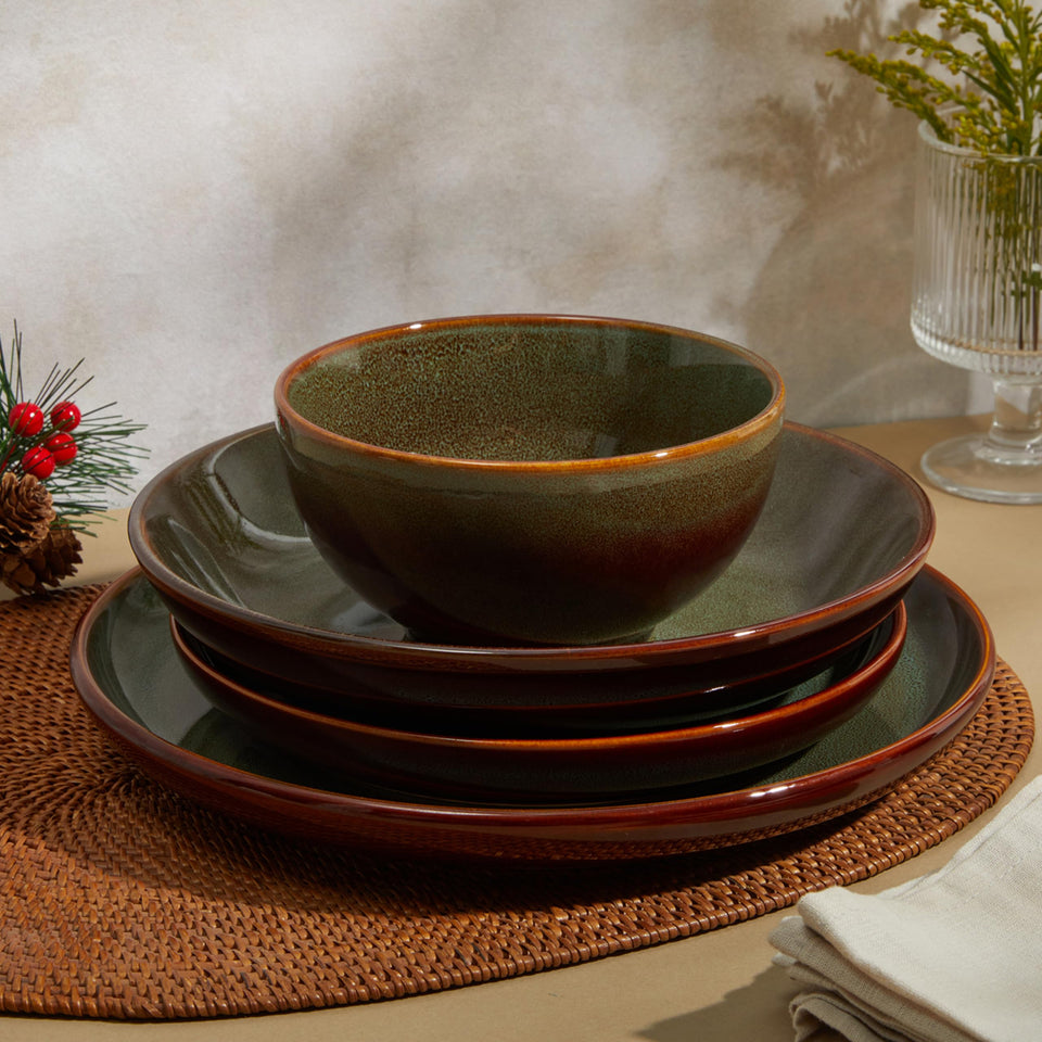 Pokini 24 Piece Dinnerware Sets for 8, Modern Stoneware Plates and Bowls Setst, Perfect for Family Gatherings & Holiday Celebrations, Easy Cleaning Dishes Set, Stack Compactly Dishware, Brown Green