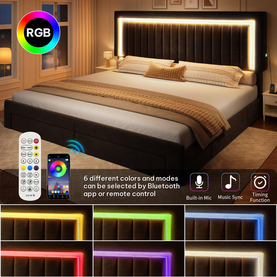 YITAHOME King Size Bed Frame with Adjustable Headboard, 4 Storage Drawers and RGB LED Lights, Velvet Upholstered Platform Bed with USB Ports, No Box Spring Needed, Fast Assembly, Noise-Free, Black