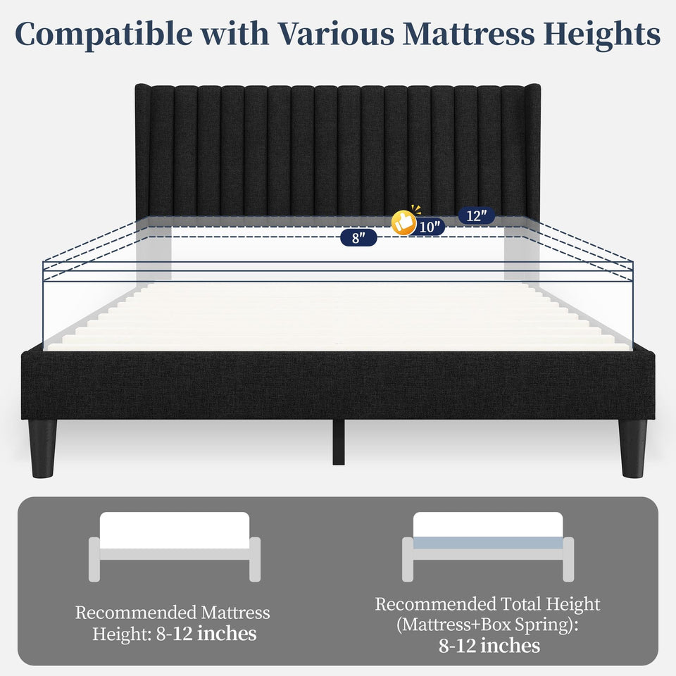 Yaheetech King Bed Frame Upholstered Platform Bed with Fabric Headboard, Wing Edge Design/Non-Slip and Noise-Free/Wooden Slats Support/No Box Spring Needed/Easy Assembly, Ivory King Bed
