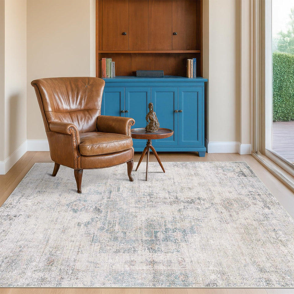 Neutral Living Room Rug - 10x14 Farmhouse Beige Brown Large Area Rug for Dining Room, Bedroom, Low Pile Lightweight Washable