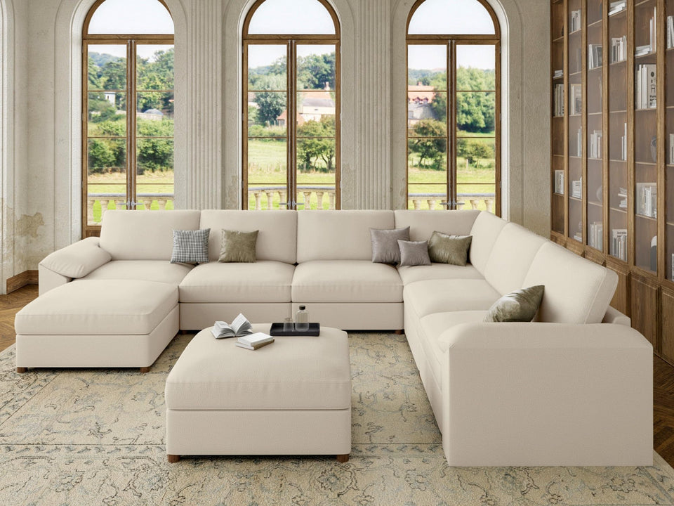 EASE MOOSE Leather Sectional Couch, Oversized Modular Sectional Sofas, Wide Deep Seat Modular Couch, Scratch Resistant Faux Leather Material, L Shaped Sofa for Big Spaces,Beige