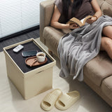 AmasSmile Storage Ottoman Folding Foot Rest Stool, Leather Footstool Bench, Short Ottoman Stool, Storage Foot Rest Store, Books (Black, 17" D x 13" W x 13" H)