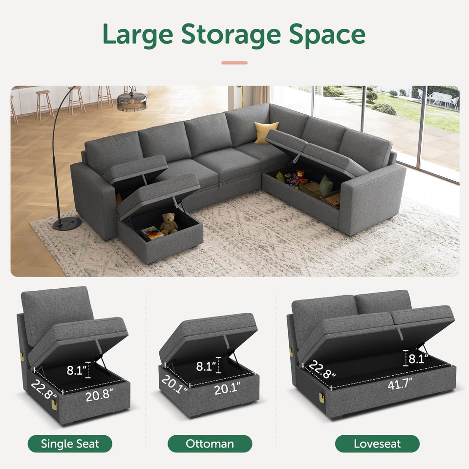 HONBAY Sectional Sleeper Sofa with Pull Out Bed, U Shaped Couch with Storage, Modular Sectional Couches for Living Room, Dark Grey