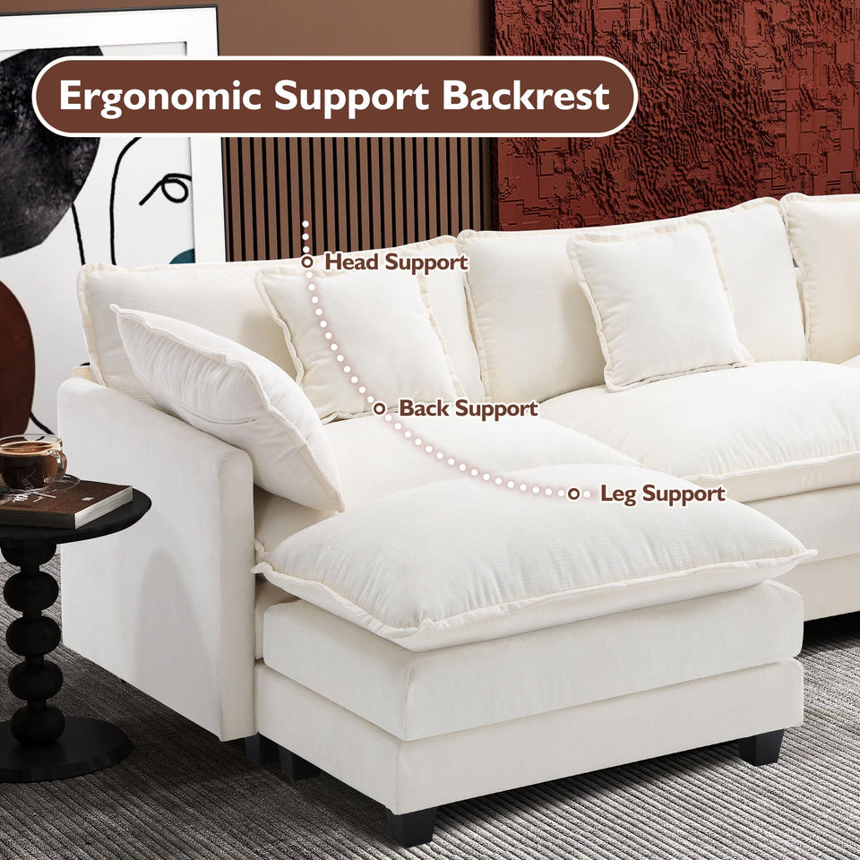 Ihanherry 146" U-Shaped Modern Sofa Modular Sectional Cloud Couch with 2 Ottoman, 6-Seat Chenille Deep Seat Sofa with 6 Pillows for Living Room, Bedroom and Apartment, Grey