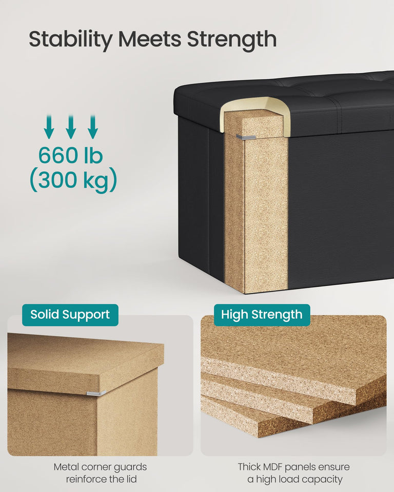 SONGMICS MAZIE Collection - 43 Inches Folding Storage Ottoman Bench, Ottoman with Storage, Foot Rest Stool, Load 660 lb, for Living Room, Synthetic Leather, Black ULSF701