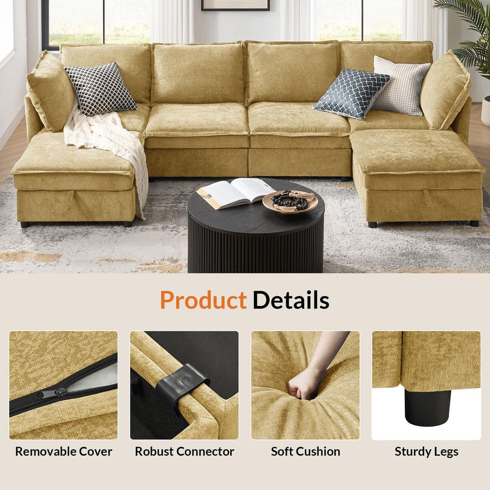 HULALA HOME 127'' Modular Sectional Sofa, Oversized U Shaped Couch with Storage Ottoman, Comfy Chenille Sofa with Deep Seat, 6 Seat Convertible Couches for Living Room, Beige