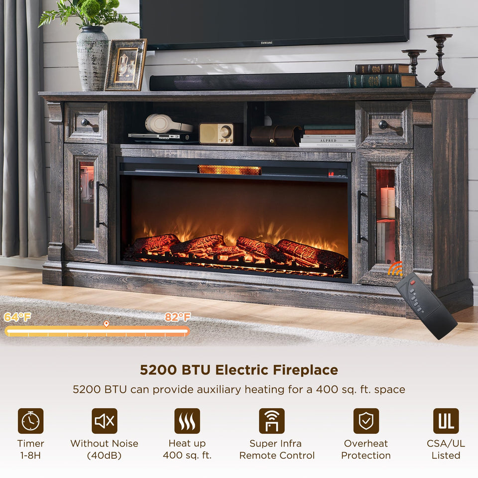 OKD Fireplace TV Stand for 80 Inch TV - Farmhouse Entertainment Center with 42" Electric Fireplace & LED Lights, Wood Media Console with Storage Drawers & Cabinets for Living Room, Antique White