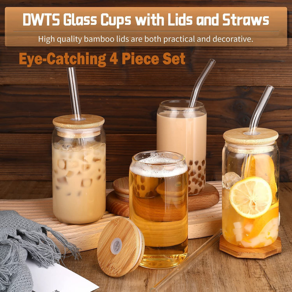 DWTS DANWEITESI Glass Cups with Lids and Straws 4 pcs,16oz Drinking Glasses Set for Coffee Bar Accessories,Iced Coffee Cups with Lids,Matcha Cup Glass Tumbler Reusable for Gifts