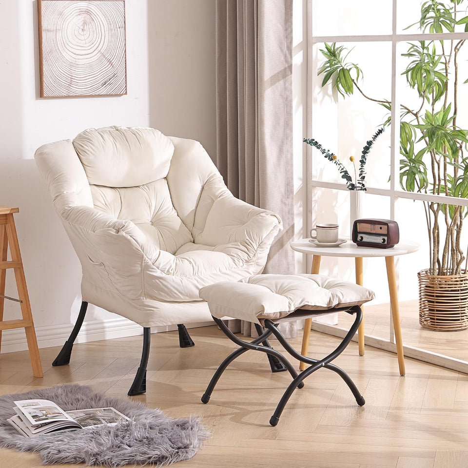 Welnow Lazy Chair with Ottoman, Modern Lounge Accent Chair with Armrests and a Side Pocket, Leisure Sofa Armchair, Reading Armchair with Footrest for Small Space, Dark Grey