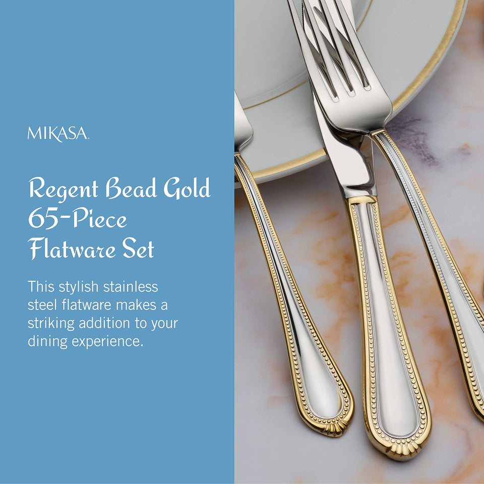 Mikasa Regent Bead 65-Piece Flatware Set for 12, 18/10 Stainless Steel Silverware with Full Service and Serving Utensils, Classic Beaded Edge Design