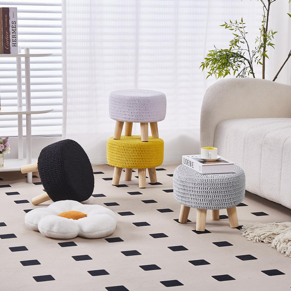 Wimarsbon Pouf Ottoman, 100% Cotton Knitted Boho Footstool, Round Footrest with Non-Skid Wood Legs, Home Décor Handmade Pouffe, Leisure Floor Step Stool for Living Room (Beige)