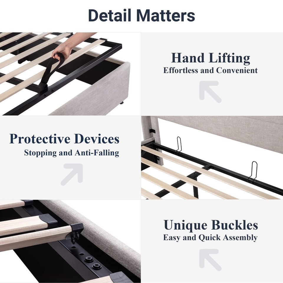 Allewie King Size Lift Up Storage Bed, Modern Wingback Headboard, Hydraulic Support, No Box Spring Needed, Light Beige