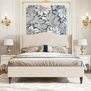 koorlian King Size Bed Frame Upholstered Platform Bed with 51" Tall Headboard Wingback, Soft Fabric, Retro Simple Style Platform Bed No Box Spring Needed, Easy Assembly, Beige