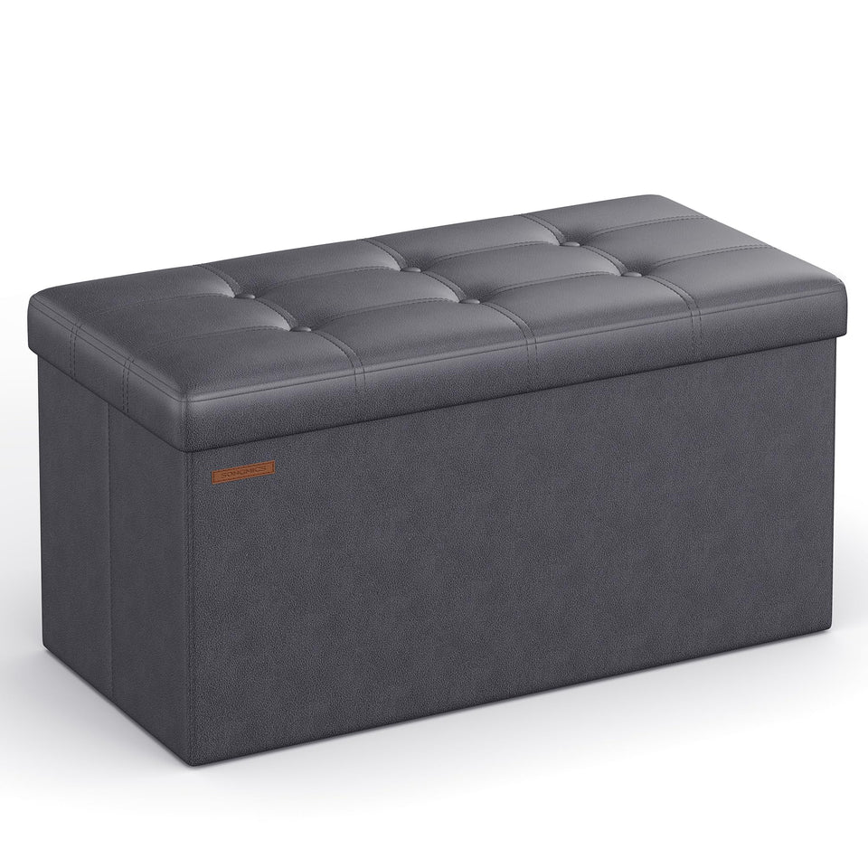 SONGMICS MAZIE Collection - 43 Inches Folding Storage Ottoman Bench, Ottoman with Storage, Foot Rest Stool, Load 660 lb, for Living Room, Synthetic Leather, Black ULSF701