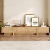 UKAOCAI 86.61'' Tambour TV Stand for 55-85 Inch, Modern Entertainment Center with Large Storage Cabinet & Open Shelves, TV Console with Sliding Doors for Living Room, Bedroom, Natural