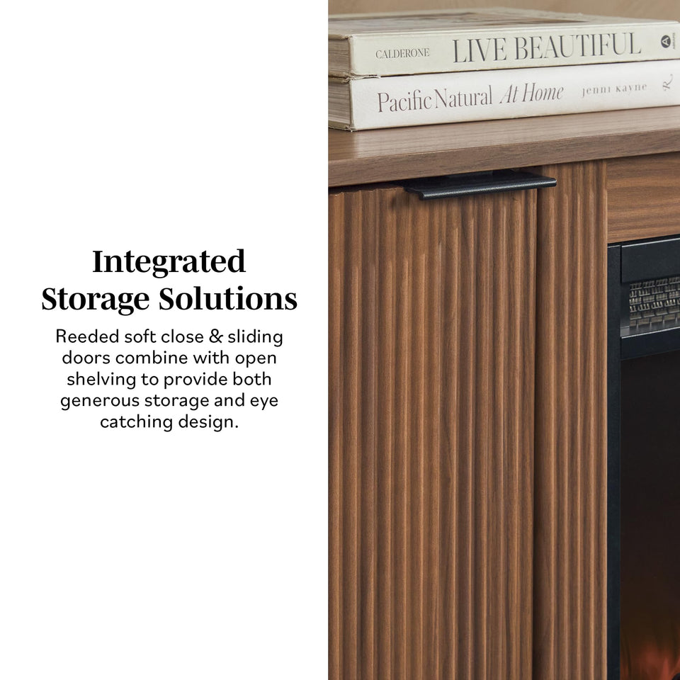 Walker Edison Chloe Reeded TV Stand with Fireplace Insert, 75 Inch, 70 Inch, Coastal Oak