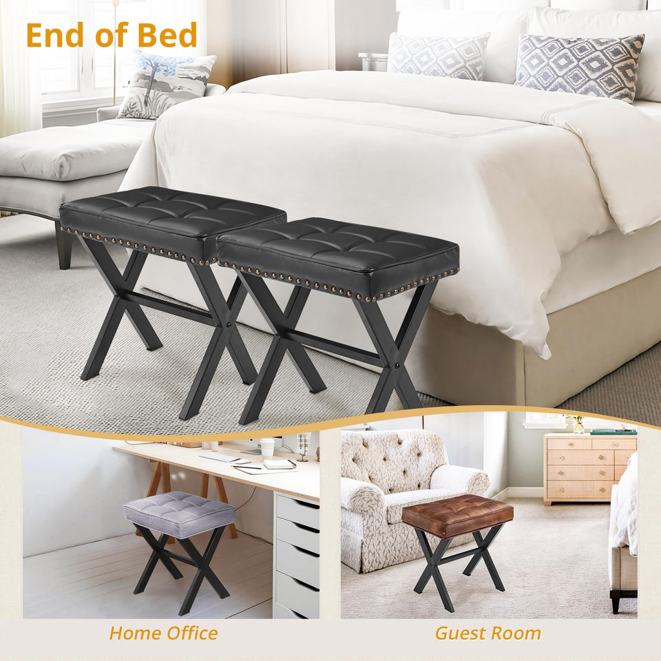 LUE BONA Square Linen Makeup Stool, Metal X Legs, Small Ottoman Stool Chair for Vanity, Modern Padded Seat Foot Rest for Makeup Room, Bathroom