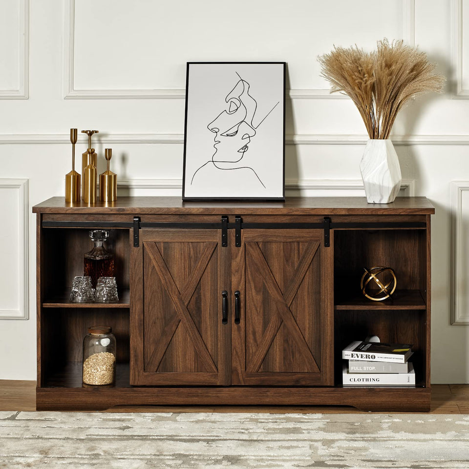 AMERLIFE Fireplace TV Stand with Sliding Barn Door for TVs up to 73", Farmhouse 63" Fireplace Entertainment Center with Storage Cabinets/Adjustable Shelves, Distressed White & Barnwood