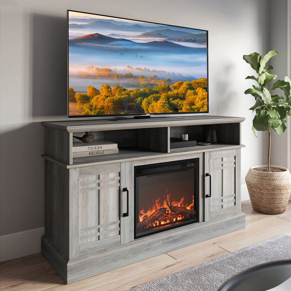 BELLEZE Traditional 58" Rustic TV Stand with 23" Electric Fireplace Heater with Sound, Media Entertainment Center Console Table for TV up to 65" with Open Storage Shelves and Cabinets - Espresso